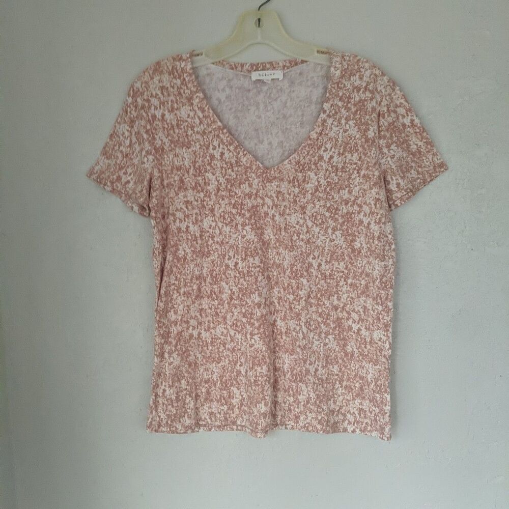Bohme Mottled Tan Beige Brown V Neck T Shirt Layering Soft Preppy Boho Small